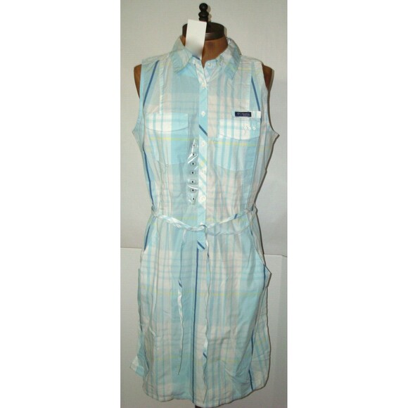 NWT New Womens Columbia White Blue Plaid Dress PFG M Slits Pockets Cotton Logo - Picture 3 of 9